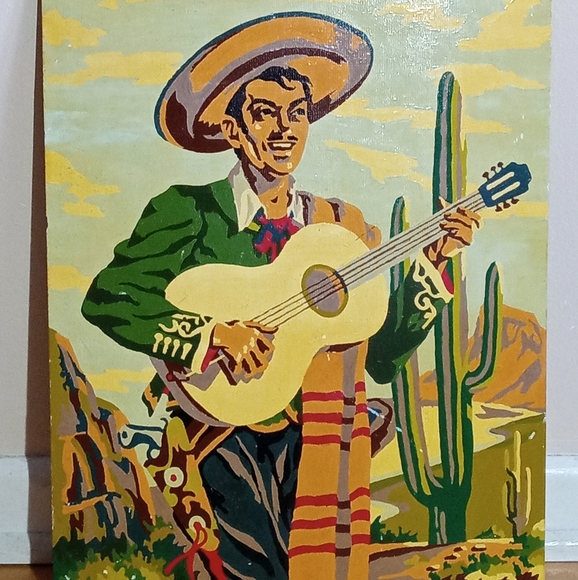 Paint by Number Other - Vintage Folk Art Paint by Number Mexican Guitarist Painting